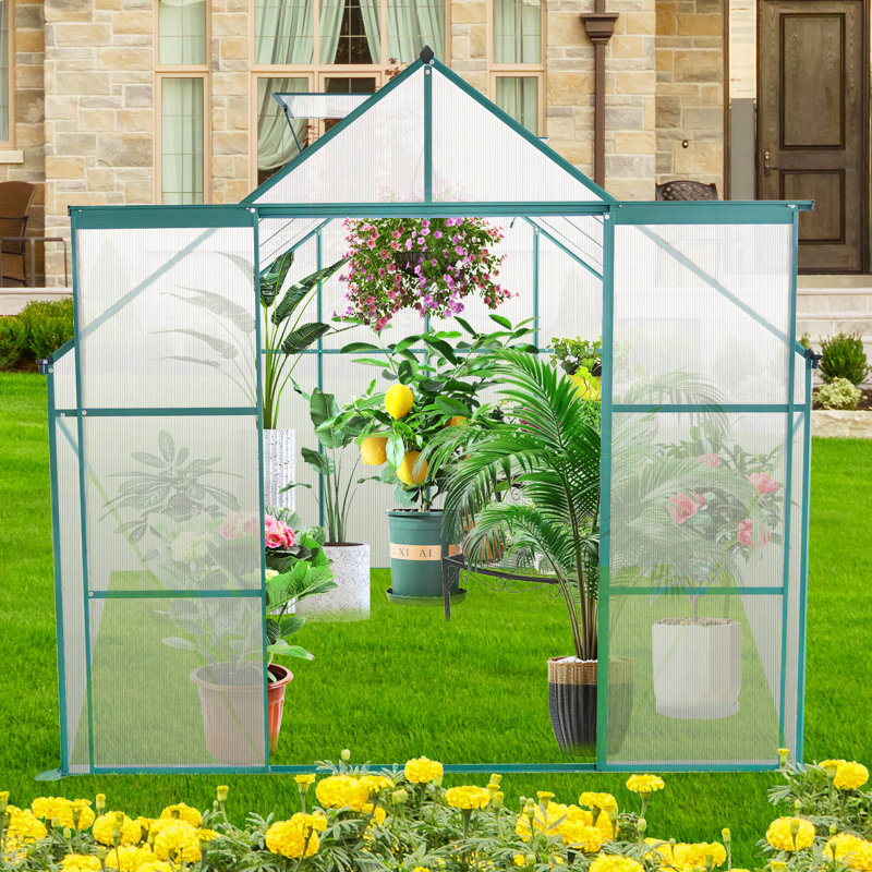 8X8 Ft Polycarbonate Greenhouse With Galvanized Base, , For All Weather Outdoor Gardening Walk-In Greenhouse, Ideal Season Planting