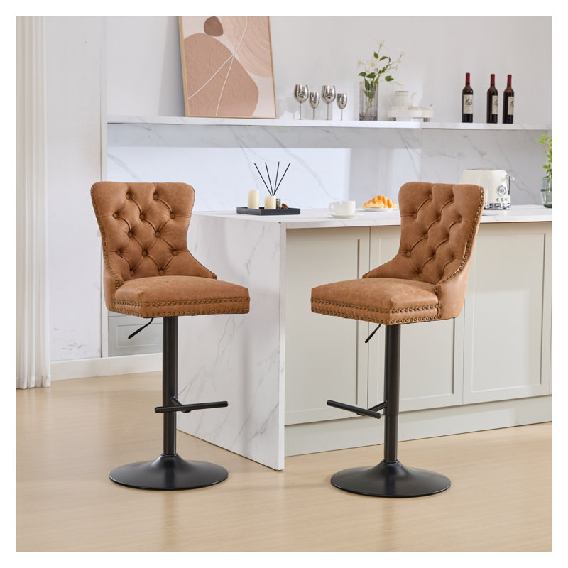  Ensemble de 2 tabourets de bar pivotants en polyuréthane vieilli et rétro, hauteur de siège réglable de 26 à 33 pouces, tabourets de bar modernes avec dossier capitonné, orange pour bistro et îlot de cuisine
