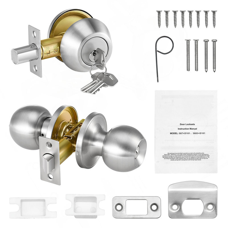 Ensemble de poignée de porte d'entrée et de pêne dormant à cylindre simple en nickel satiné