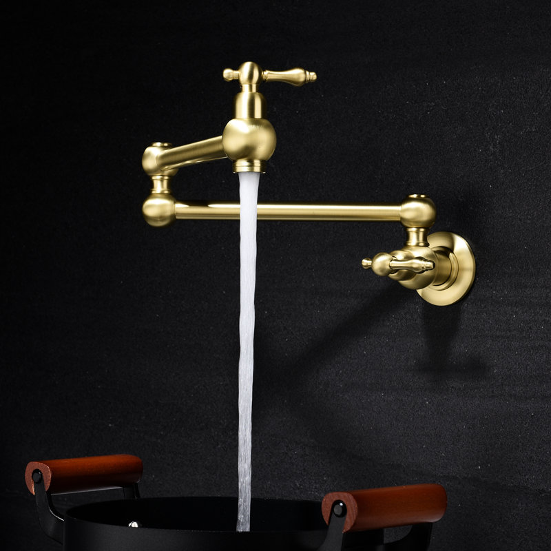 Pot Filler Faucet Wall Mount - Gold Brass, Arm For Simple And Hassle- Filling, Double Handles To Regulate Water Flow Smoothly, Corrosion Surface Protection Measure, Silent Non-Turbulent Aerator
