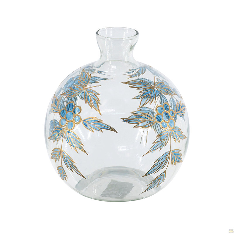 D8x9 "Vase rond en verre transparent avec motifs botaniques bleus et dorés