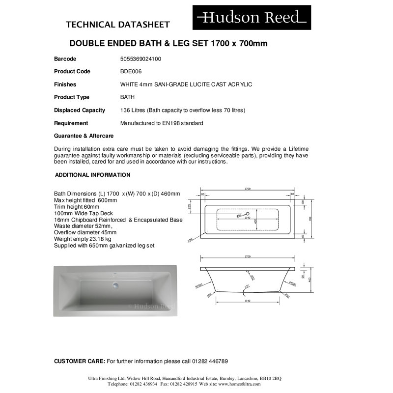 Asselby Square 1700mm Standard Acrylic Bathtub, 170 x 70cm