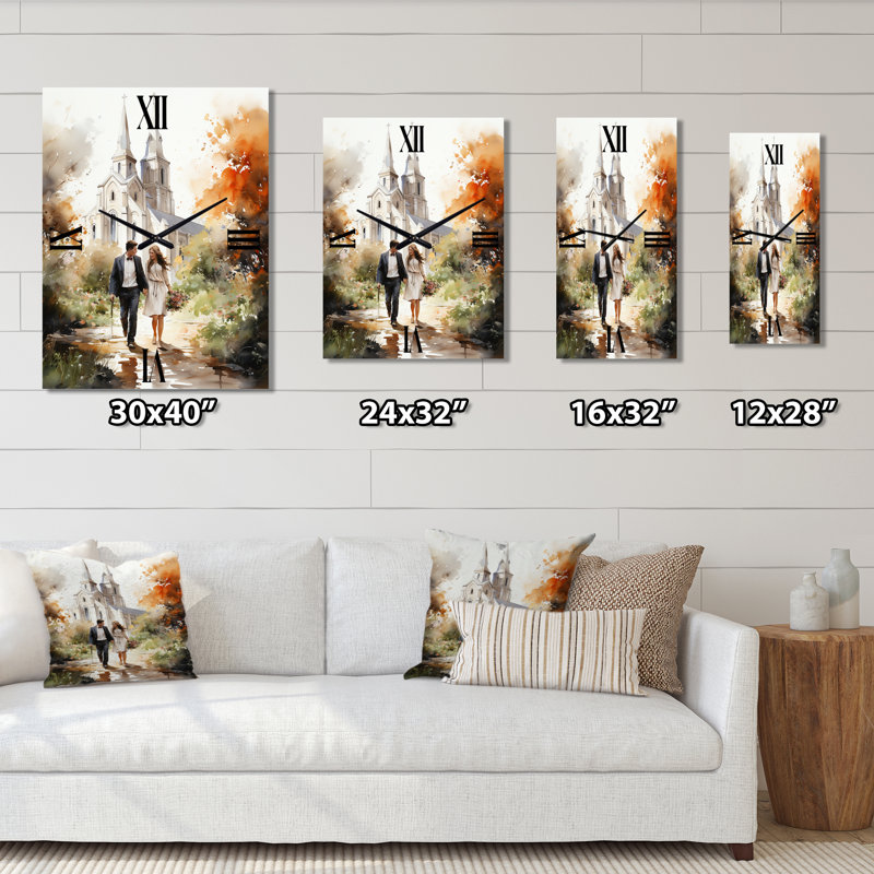 Couple, amour, chapelle de mariage, aquarelle rustique - paysage romantique, horloge murale, Petit