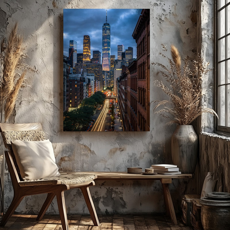Toile, "Dramatic Urban Skyline at Twilight", avec des gratte-ciel imposants avec art mural, H 24 po x l 18 po