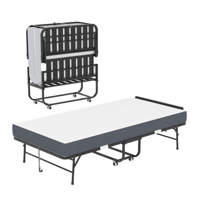 Lit pliant 75 po x 38 po avec tête de lit réglable, lit escamotable en mousse à mémoire de forme de 5 po pour les personnes de grande taille, lit d'invité portable robuste sur roulettes, lit simple à assembler facilement