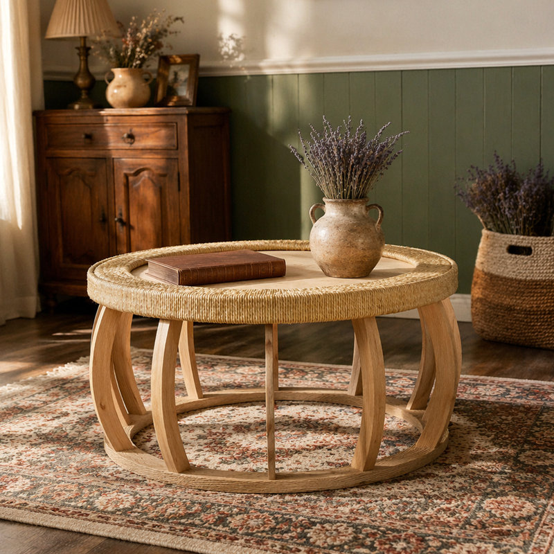 Table basse ronde ronde en bois massif de 35,43 po avec pieds courbés et table d'appoint Boho pour salle à manger, cuisine et salon, naturel
