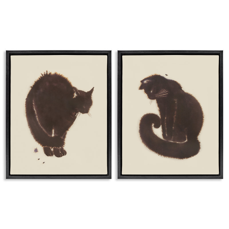  «Simple Cats on Beige», ensemble de 2 toiles flottantes encadrées par Grace Popp, Cadre flottant noir de jais