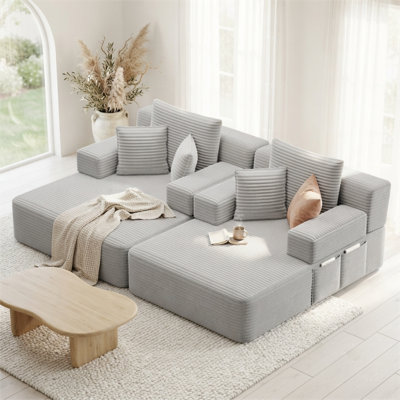 Oversized Double Plush Corduroy Chaise Lounge Sofa Bed, Convertible Sleeper Couch with Storage Pockets & 3 Pillows (Available in 13 Colors)
