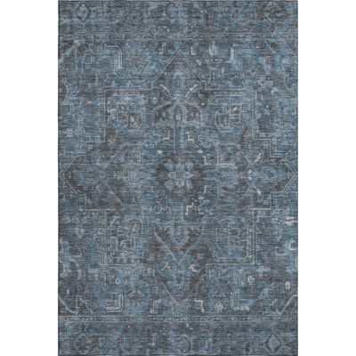 8' X 10' Navy Blue And Gray Medallion Distressed Washable Area Rug With UV Protection