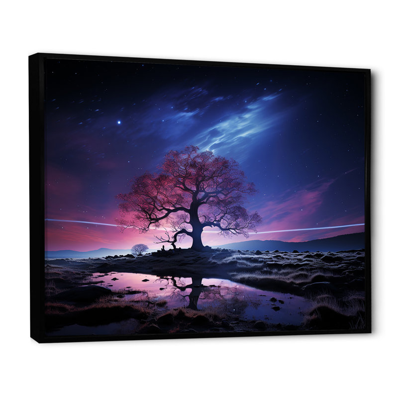 «Blue and Pink Tree In Northern Lights I», art mural arbre, H 34 po x l 44 po x P 1,5 po, Cadre flottant noir