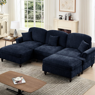 Nuage de chenille bleu avec accoudoirs évasés, jupes de plis à volants amovibles et pieds fuselés, coussin décoratif moelleux et rembourré en mousse haute densité pour une posture confortable et rembourrée