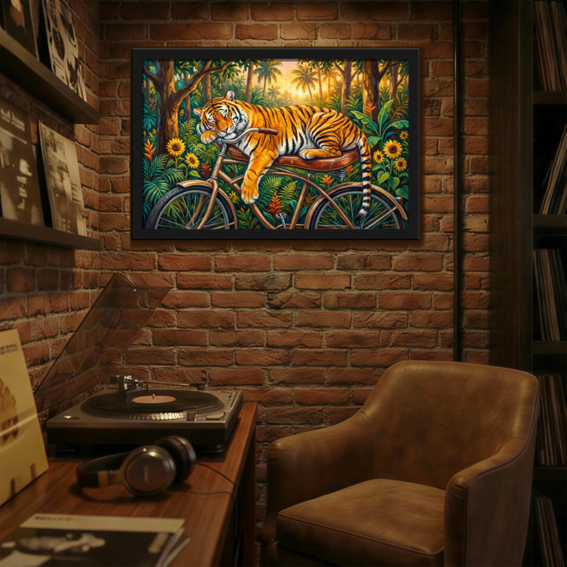 Animaux, tigre, bicyclette, scène de la jungle, H 12 po x l 18 po