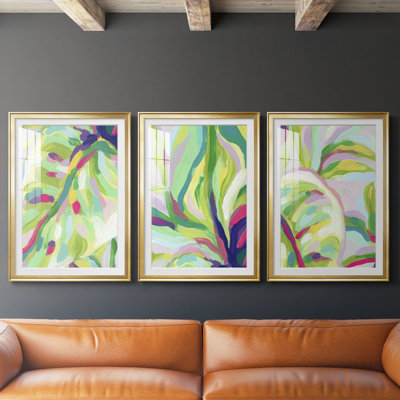 «Bright Tropical Abstraction I», reproduction sur mesure encadrée de qualité supérieure - 3 pièces