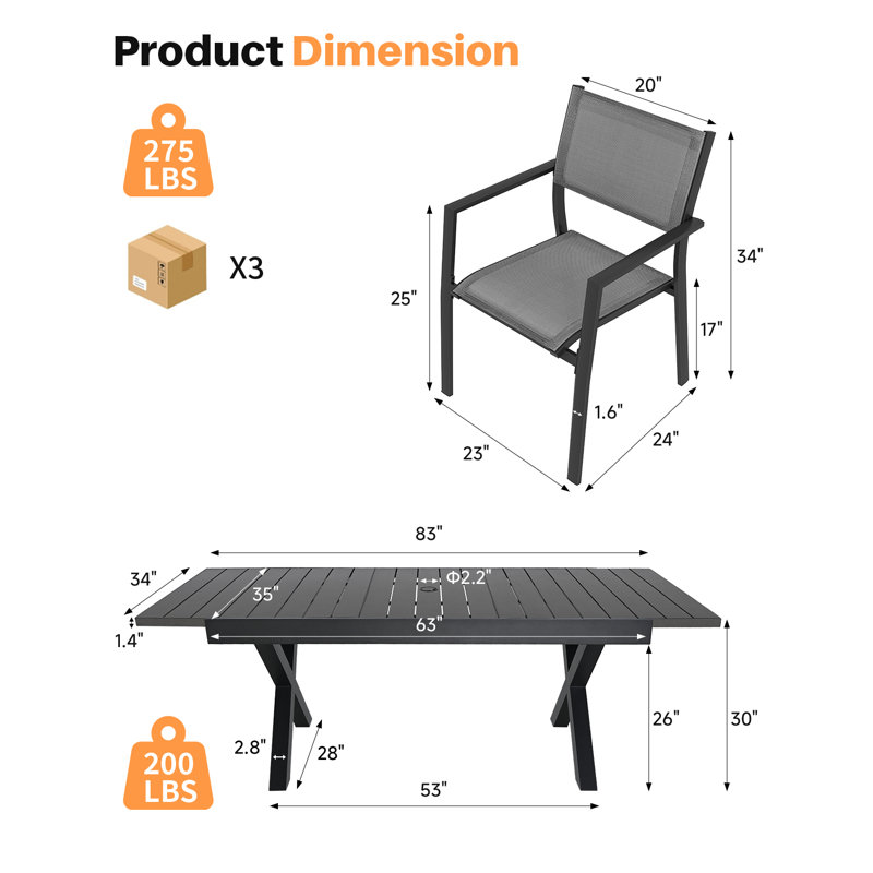 Ensemble de salle à manger extensible 9 pièces pour patio, table et chaises empilables en aluminium antirouille pour 8 personnes, idéal pour terrasse, jardin ou intérieur. Couleur : noir.
