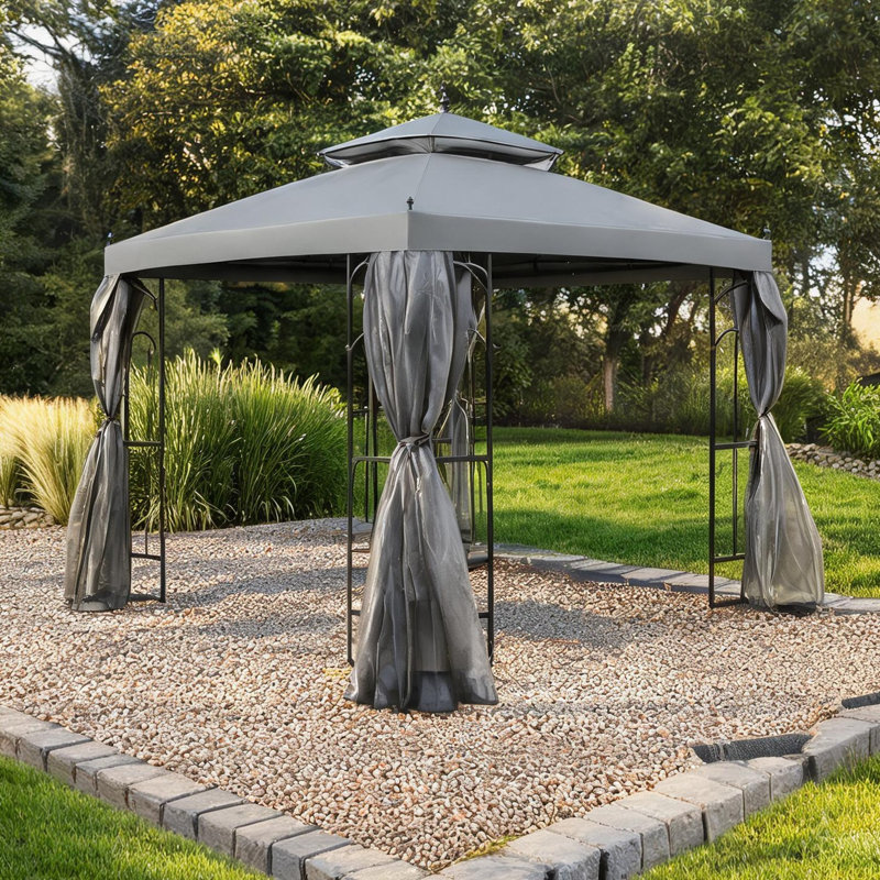 Abri de jardin d'extérieur carré en polyester gris ardoise à deux niveaux avec tablettes d'angle et filet grillagé, 9,8 pi