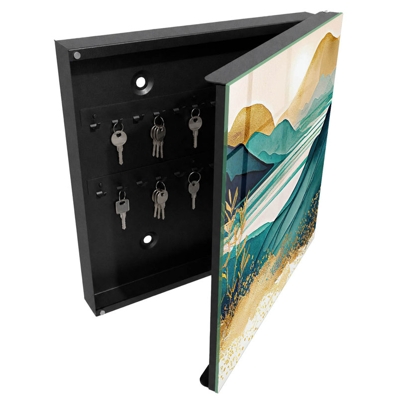 Key cabinet for home, Opens to the left, 30x30x5, Black, Turquoise landscape with elements of nature, 