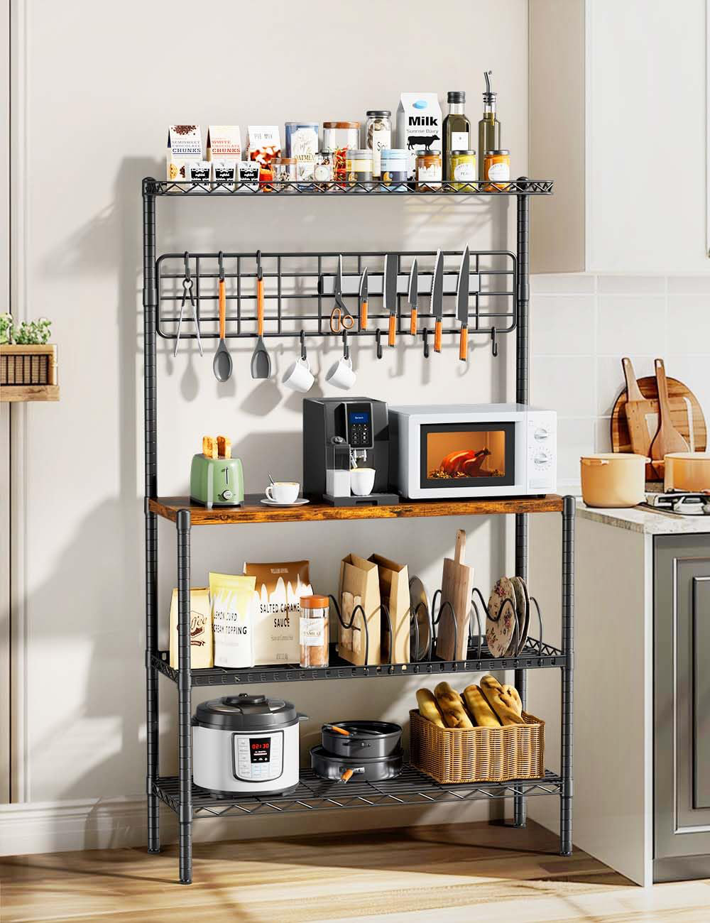 17 Stories Bakers Rack With Storage & Magnetic Knife Holder, Large ...