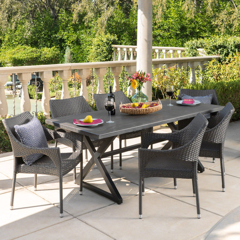 Feumore 6 - Person Wicker Patio Dining Set with Rectangular Table, Grey