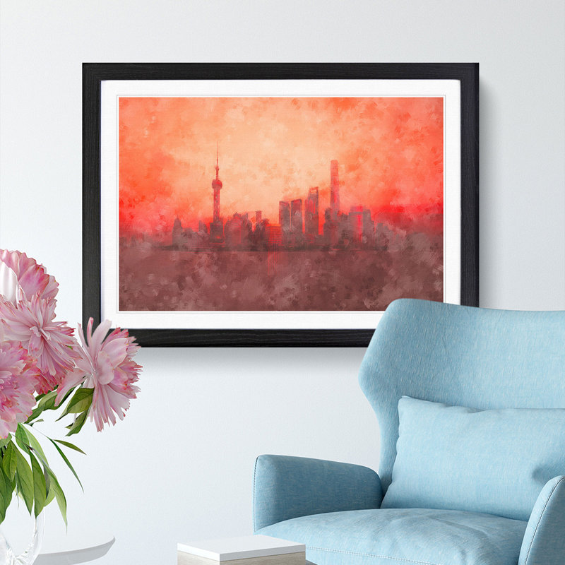 The Shanghai China Skyline - Picture Frame Painting Print, 24cm H x 33cm W x 2cm D, Black Framed