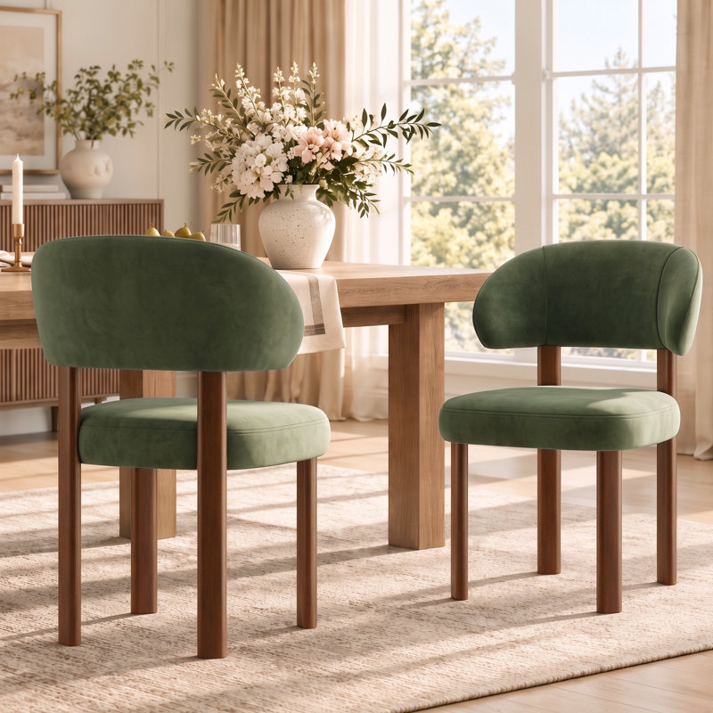 Chaises de salle à manger modernes rembourrées avec dossier incurvé et pieds en bois massif, Vert