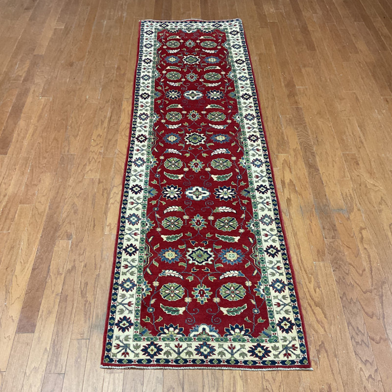 Tapis de couloir rouge / ivoire en laine noué à la main de conception unique 2 pi 9 po x 10 pi Jevon