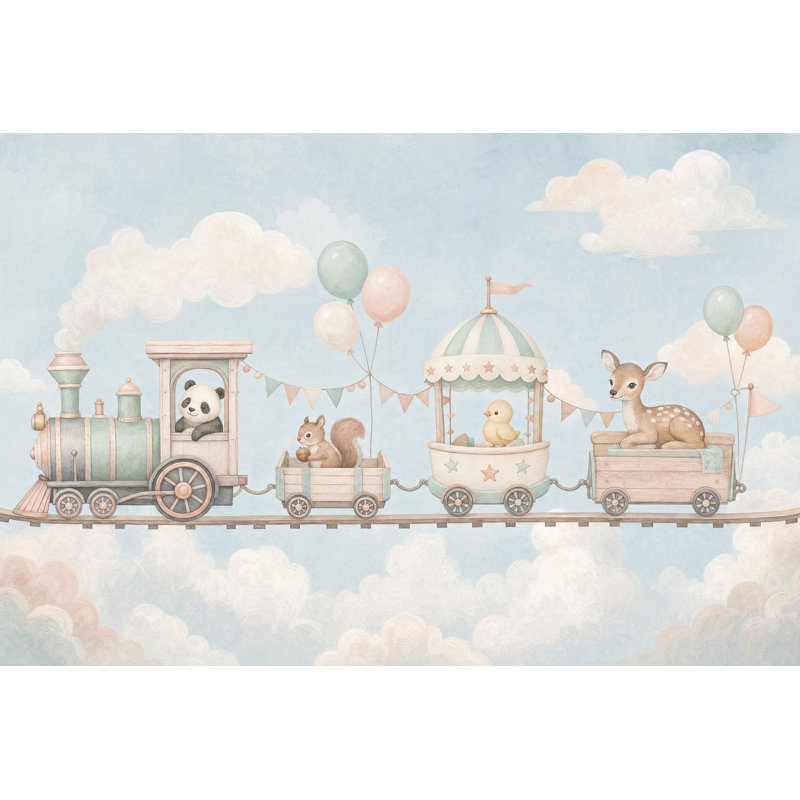 Papier peint mural pastel représentant un train miniature et un ciel nuageux, 160"x108", Peel and Stick