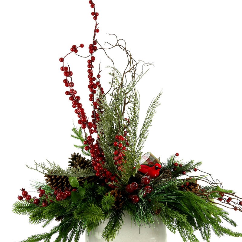 Holiday Centerpiece With Pine, Berries, Pinecones, And Decorative Bird