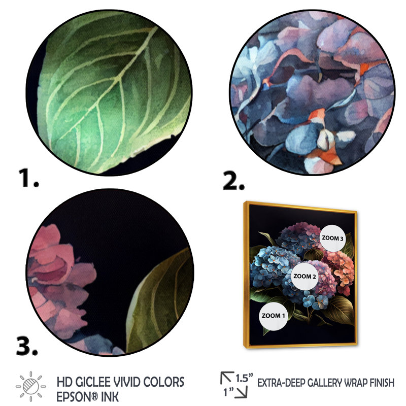 «Blooming Retro Hydrangena II», reproduction sur toile, H 32 po x l 16 po x P 1 po, Toile avec cadre flottant or