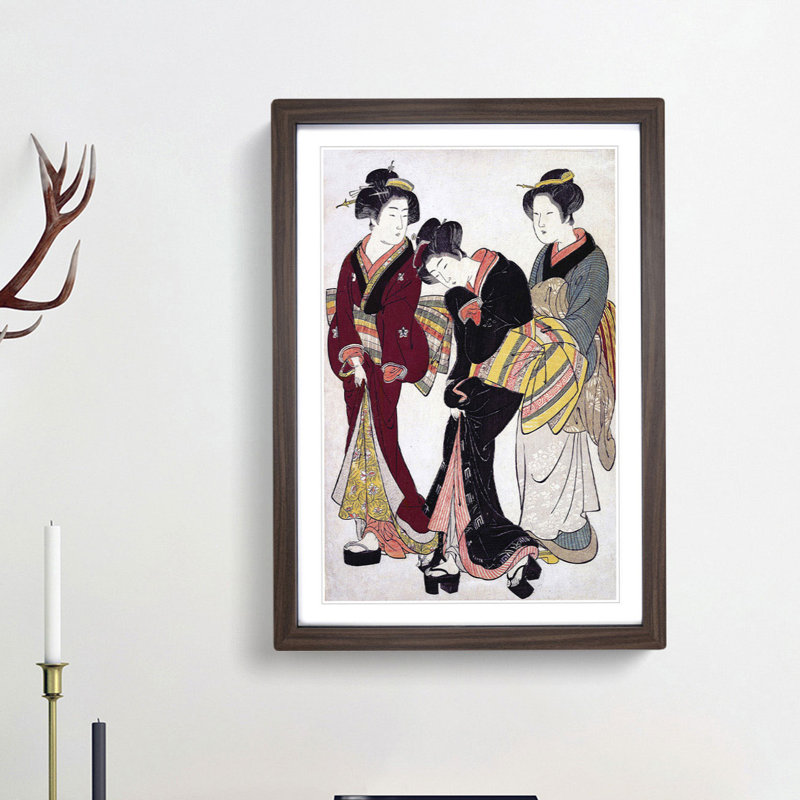 Two Geishas and a Maid by Kitao Shigemasa - Picture Frame Painting Print, 65cm H x 48cm W x 2cm D, Walnut Framed