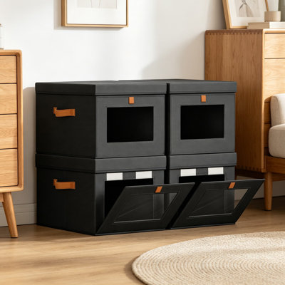 Bacs de rangement avec couvercles, paquet de 4 paniers pliables en tissu avec ouverture latérale et fenêtre transparente, organisateur de garde-robe pliable et empilable pour vêtements, maison, bureau, 13,77 po x 11,8 po x 9,8 po, noir