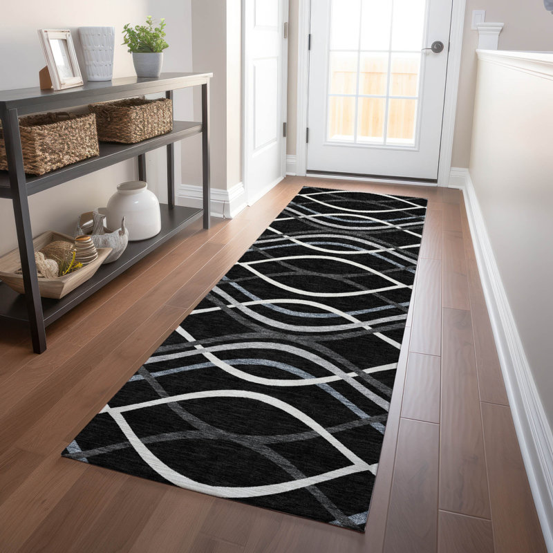 Premium Machine Washable Prisco Black Rug, Runner 2'3" x 7'6"