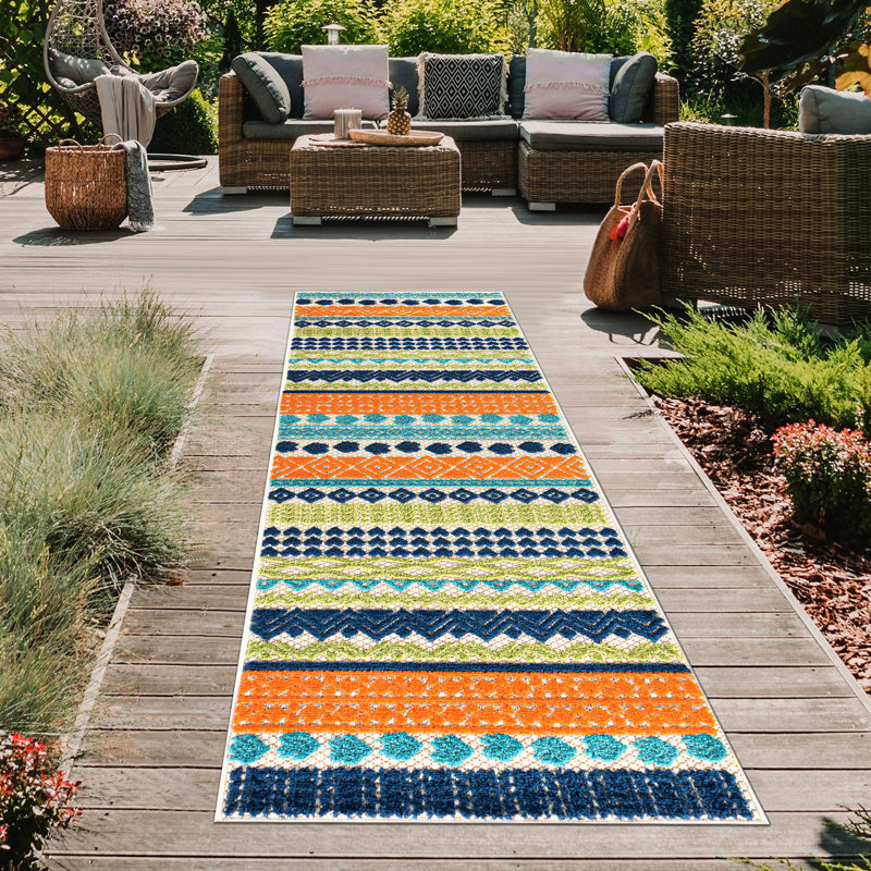 Duxbury Geometric Bohemian Indoor/Outdoor Area Rug Orange/Navy/Green, Runner 2' x 7'