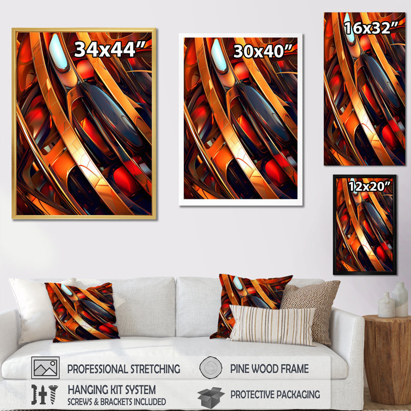 Vortex abyssal orange et orange sur toile, Cadre flottant noir, H 32 po x l 24 po x P 1 po