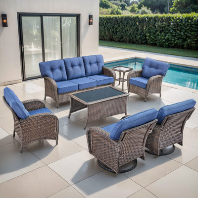 Agnes 7 Person Outdoor Wicker Patio T-Back Cushions Conversation Furniture With Coffee Table