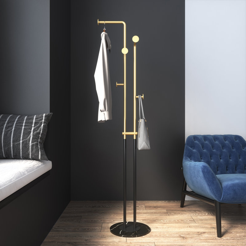 Darrias 5 - Hook Freestanding Coat Rack with Marble Base, Art Design Easy Assembly, Black/Golden Yellow