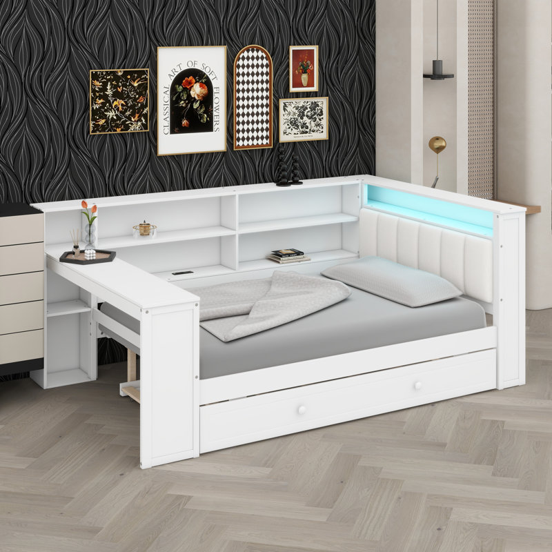 Platform Bed With Storage Shelves, Trundle, Beige/White