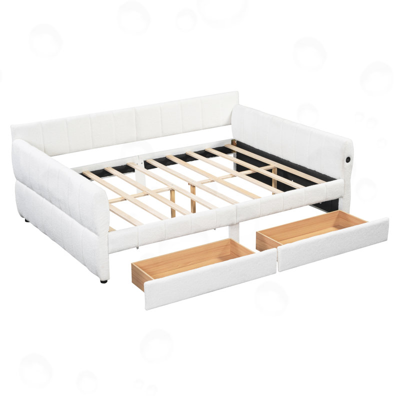 Grand lit plateforme tapissier avec port USB et 2 tiroirs, Blanc
