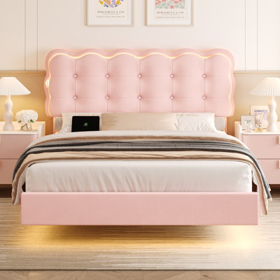 Upholstered Floating Bed With LED Lights, Charging Port,Adjustable Headboard