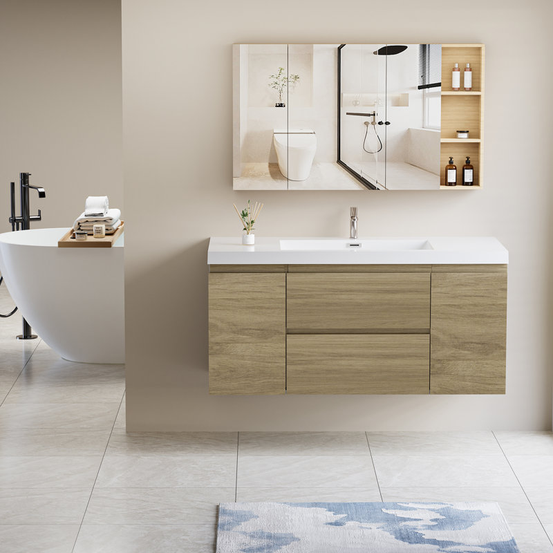 Meuble-lavabo flottant avec lavabo, Chêne, 47"
