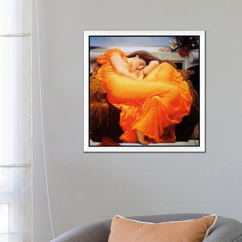 Flaming June by Frederic Leighton - Floater Frame Painting on Canvas, White Framed, 93.98 cm H x 93.98 cm W