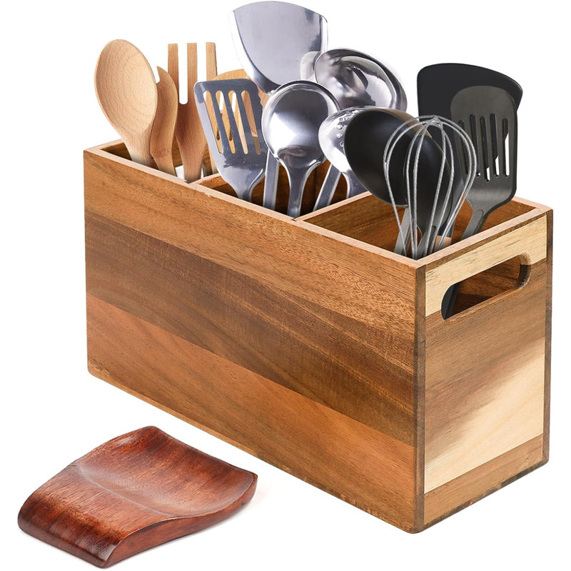 Porte-ustensiles en bois d'acacia avec repose-cuillère - Organisateur de comptoir de cuisine rustique pour les spatules, les cuillères et les couverts