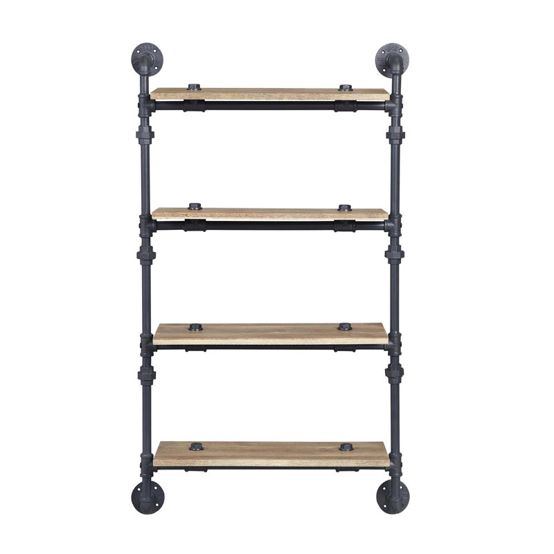 Water Pipe Style 4 Tier Wall Shelf In Oak Finish, For Stylish Home Storage And Decor, 23"L Shelf, 17" Package Width Decor Storage, 9"W 37 Lb Weight