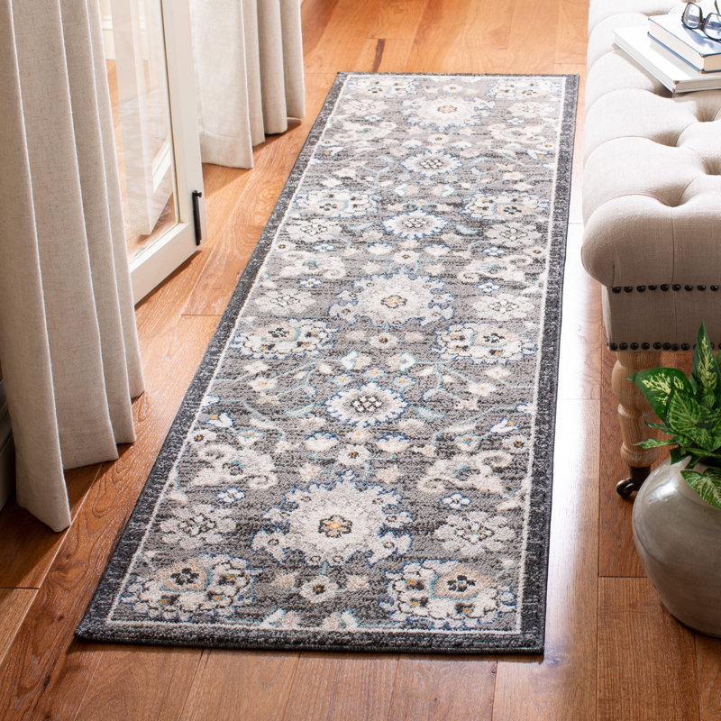 Tapis intérieur/extérieur gris foncé/ivoire oriental Slesnick, Tapis de couloir 2 pi x 8 pi