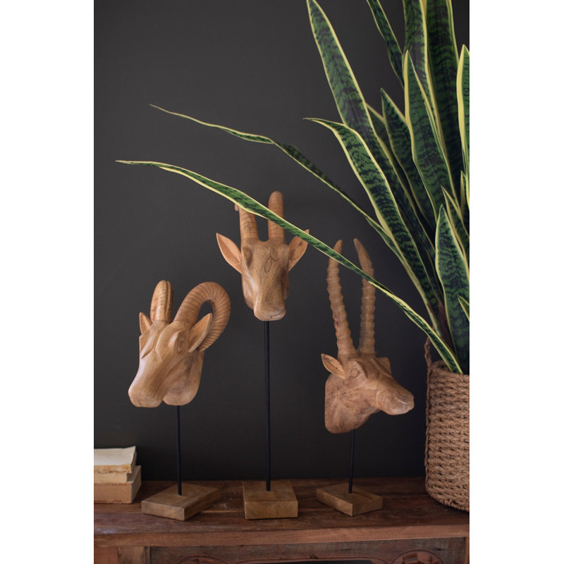  Têtes d'animaux d'Afrique en bois de manguier - ensemble de 3 décorations rustiques de 28,25 po de hauteur