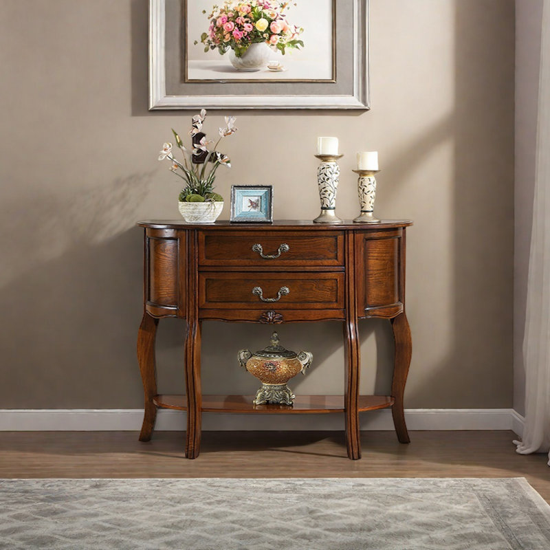 Console demi-ronde en bois massif, H 34,65 po x l 39,37 po x P 13,78 po, Marron foncé