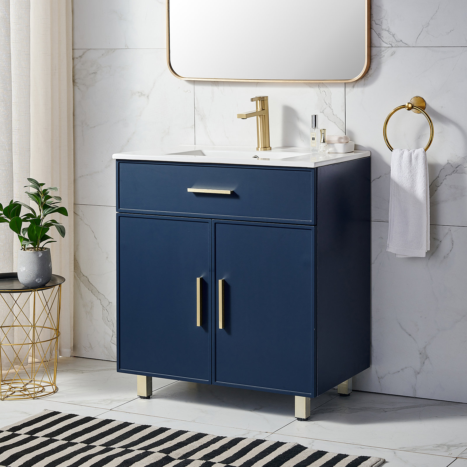 CosmoLiving Leona 36” Bathroom Vanity, Navy with Gold Metal 