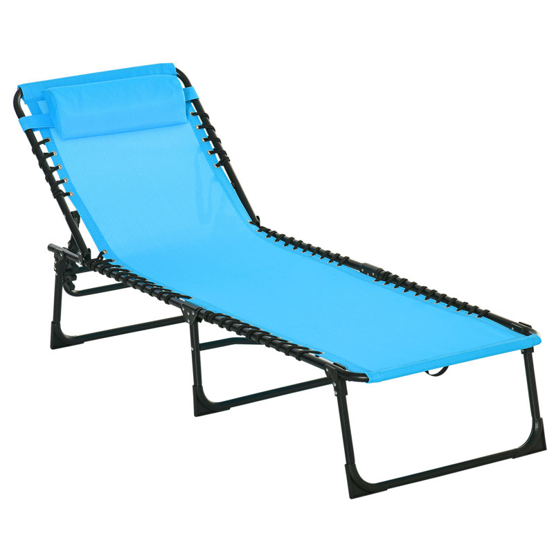 Chaise longue de piscine pliante Outsunny, chaise longue de bronzage de patio, chaise longue d'extérieur avec dossier inclinable à 4 positions, coussin, siège respirant en filet et à l'élastique pour la plage, la cour, le patio et le bleu