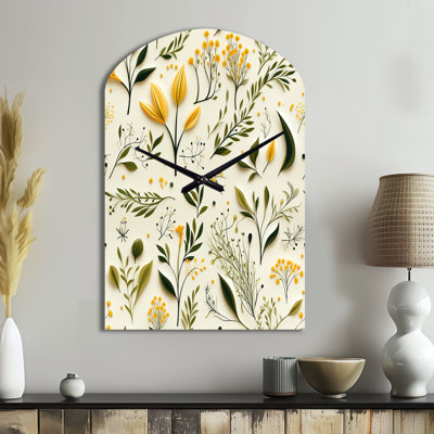 Jaune et vert - simplicité florale - horloges asymétriques florales en métal, impression d'horloge murale en métal de forme unique jaune