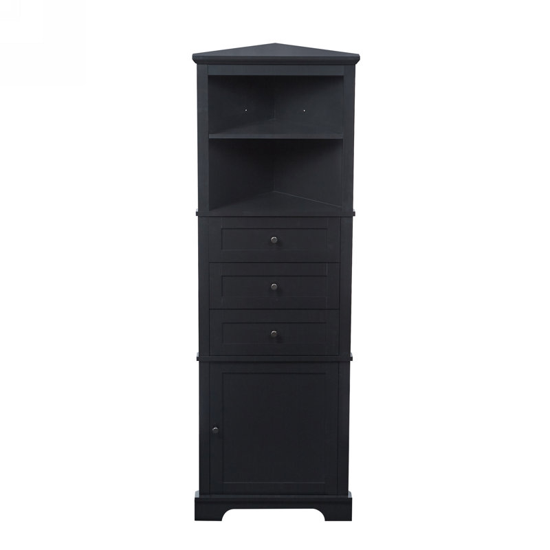 Armoire haute triangulaire avec 3 tiroirs et tablettes réglables pour la salle de bain, la cuisine ou le salon, panneau de fibres à densité moyenne avec finition peinte