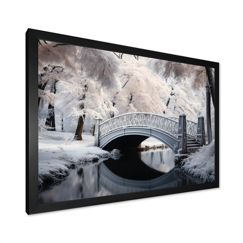Pont blanc en hiver II - reproduction sur toile, Cadre simple noir, H 12 po x l 20 po x P 1 po